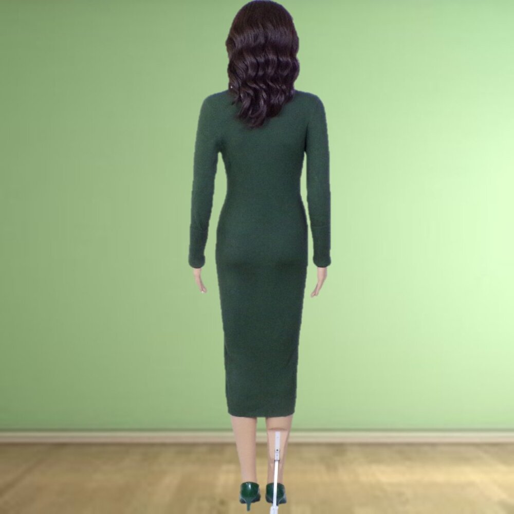 ROCOROSE size M forest-green knit bodycon long-sleeve turtleneck midi dress - Picture 5 of 13